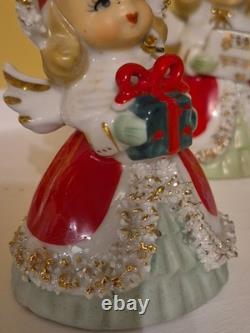 Lefton Vintage Christmas Angel Caroler Bell with Spaghetti Trim Complete Set of 3
