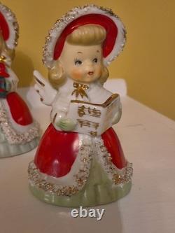 Lefton Vintage Christmas Angel Caroler Bell with Spaghetti Trim Complete Set of 3