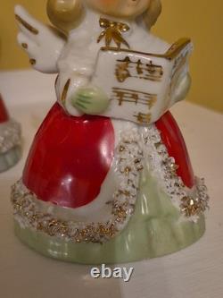 Lefton Vintage Christmas Angel Caroler Bell with Spaghetti Trim Complete Set of 3