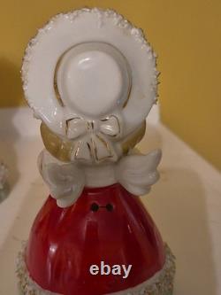 Lefton Vintage Christmas Angel Caroler Bell with Spaghetti Trim Complete Set of 3