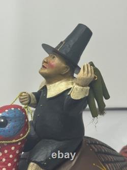 Leo Smith Folk Art Thanksgiving Pilgrim Riding Turkey Figurine