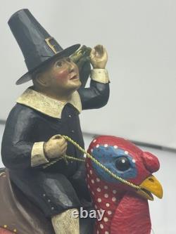 Leo Smith Folk Art Thanksgiving Pilgrim Riding Turkey Figurine
