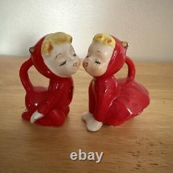 Lil Devil Girl 2 Salt & Pepper Figurines Red She Devil 1950s Japan Kissing