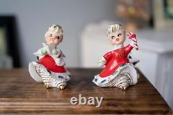 Lot of 2 Vtg LEFTON Christmas Bloomer Girls Spaghetti Ceramic Figurines