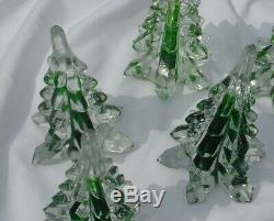 Lot of 8 Art Glass Evergreen Christmas Tree Green Clear Crystal 6 1/2 Tall