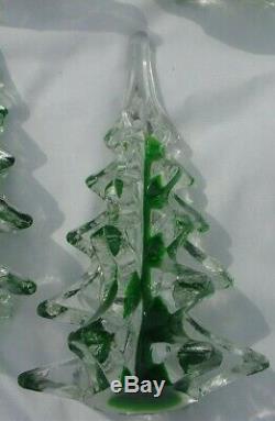 Lot of 8 Art Glass Evergreen Christmas Tree Green Clear Crystal 6 1/2 Tall
