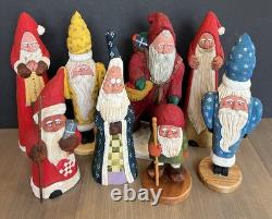 Lot of 8 Vtg Folk Art Santa Clause Figures Hand Carved Wood Signed Tweet (B)