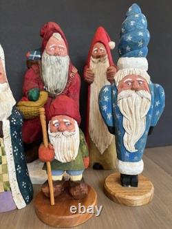 Lot of 8 Vtg Folk Art Santa Clause Figures Hand Carved Wood Signed Tweet (B)