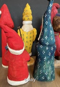 Lot of 8 Vtg Folk Art Santa Clause Figures Hand Carved Wood Signed Tweet (B)
