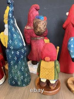Lot of 8 Vtg Folk Art Santa Clause Figures Hand Carved Wood Signed Tweet (B)