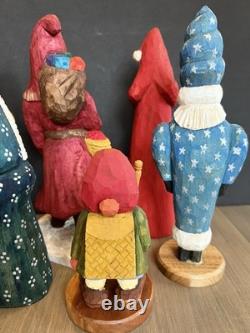 Lot of 8 Vtg Folk Art Santa Clause Figures Hand Carved Wood Signed Tweet (B)