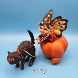 Mary Engelbreit / Bethany Lowe PUMPKIN CHARIOT Figurine Halloween Witch Cat