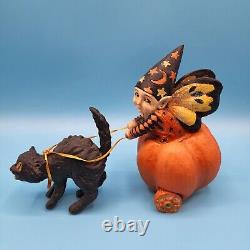Mary Engelbreit / Bethany Lowe PUMPKIN CHARIOT Figurine Halloween Witch Cat
