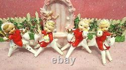 Mid Century Christmas FOUR Reindeer Candle Climbers W GIFT GOLD BELLS HF JAPAN