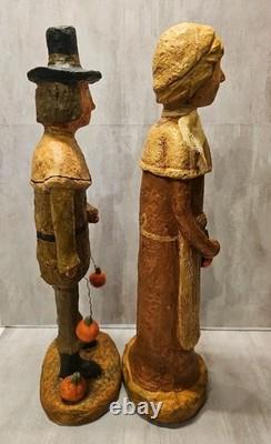 Monnie Wilson Folk Art Primitive Paper mache Large Pilgrims 18 Set of 2