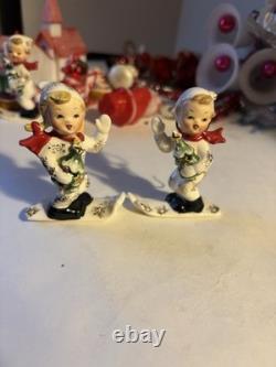 Napco Waving Skier Kids Christmas Ornaments Boy Girl Ceramic Japan Figurine