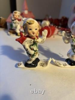 Napco Waving Skier Kids Christmas Ornaments Boy Girl Ceramic Japan Figurine
