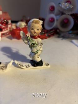 Napco Waving Skier Kids Christmas Ornaments Boy Girl Ceramic Japan Figurine
