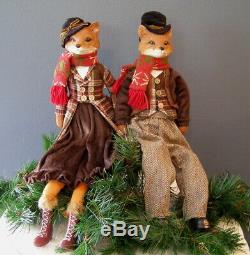 New! Set of 2 Boy & Girl Fox Sitting Dolls. Fox Hunt Horse Winter Christmas