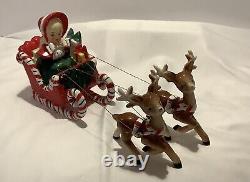 Original Antique Lefton Ceramic Shopping Girl Candy Cane Sleigh Reindeer Withlabel