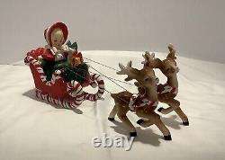 Original Antique Lefton Ceramic Shopping Girl Candy Cane Sleigh Reindeer Withlabel