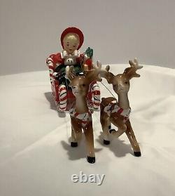 Original Antique Lefton Ceramic Shopping Girl Candy Cane Sleigh Reindeer Withlabel