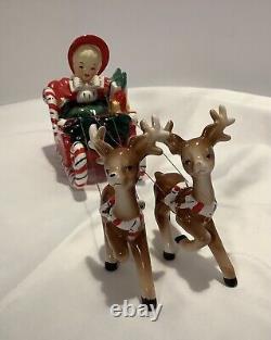 Original Antique Lefton Ceramic Shopping Girl Candy Cane Sleigh Reindeer Withlabel