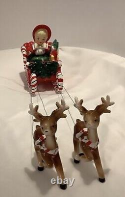 Original Antique Lefton Ceramic Shopping Girl Candy Cane Sleigh Reindeer Withlabel