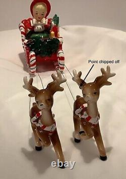 Original Antique Lefton Ceramic Shopping Girl Candy Cane Sleigh Reindeer Withlabel