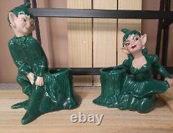 PAIR Vintage Gilner Planter Ceramic CA 1951 Pixies with Artichoke Hats SHIP INCL