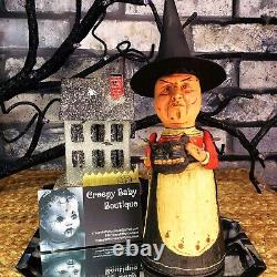 Poliwoggs Witch BLACK CAT Pail Folk Art Halloween Primitive Wired Arms 9.25