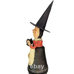 Poliwoggs Witch BLACK CAT Pail Folk Art Halloween Primitive Wired Arms 9.25