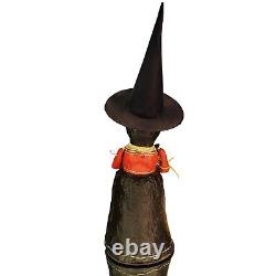 Poliwoggs Witch BLACK CAT Pail Folk Art Halloween Primitive Wired Arms 9.25
