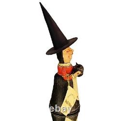 Poliwoggs Witch BLACK CAT Pail Folk Art Halloween Primitive Wired Arms 9.25