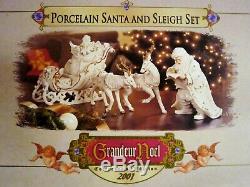 Porcelain Santa & Sleigh Set 2001 Grandeur Noel Christmas White & Gold with Box