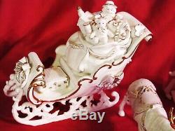 Porcelain Santa & Sleigh Set 2001 Grandeur Noel Christmas White & Gold with Box