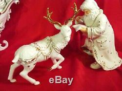 Porcelain Santa & Sleigh Set 2001 Grandeur Noel Christmas White & Gold with Box