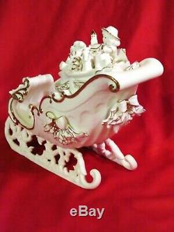 Porcelain Santa & Sleigh Set 2001 Grandeur Noel Christmas White & Gold with Box