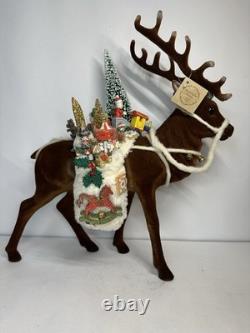 RARE Ino Schaller Reindeer Carrying Sack of Toys, Train & Tree 16.5x15 Germany
