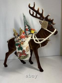 RARE Ino Schaller Reindeer Carrying Sack of Toys, Train & Tree 16.5x15 Germany
