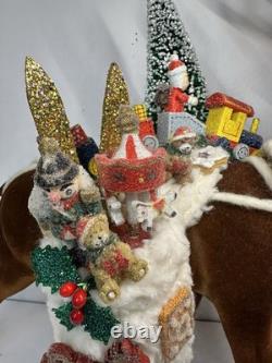 RARE Ino Schaller Reindeer Carrying Sack of Toys, Train & Tree 16.5x15 Germany