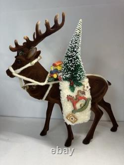 RARE Ino Schaller Reindeer Carrying Sack of Toys, Train & Tree 16.5x15 Germany