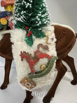 RARE Ino Schaller Reindeer Carrying Sack of Toys, Train & Tree 16.5x15 Germany