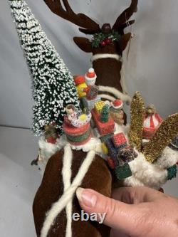 RARE Ino Schaller Reindeer Carrying Sack of Toys, Train & Tree 16.5x15 Germany