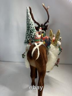 RARE Ino Schaller Reindeer Carrying Sack of Toys, Train & Tree 16.5x15 Germany
