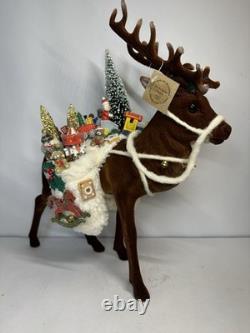 RARE Ino Schaller Reindeer Carrying Sack of Toys, Train & Tree 16.5x15 Germany
