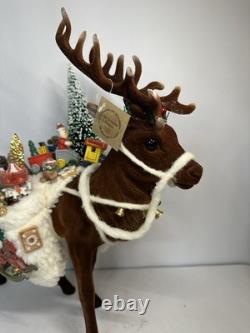 RARE Ino Schaller Reindeer Carrying Sack of Toys, Train & Tree 16.5x15 Germany