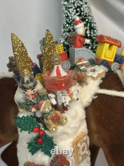 RARE Ino Schaller Reindeer Carrying Sack of Toys, Train & Tree 16.5x15 Germany