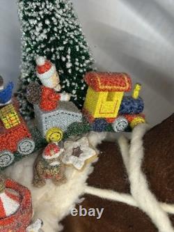 RARE Ino Schaller Reindeer Carrying Sack of Toys, Train & Tree 16.5x15 Germany