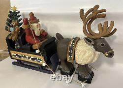 RARE! KEN KRATZ SIGNED PRIMITIVE WOOD CARVING SANTA & Reindeer DRAWN SLEIGH